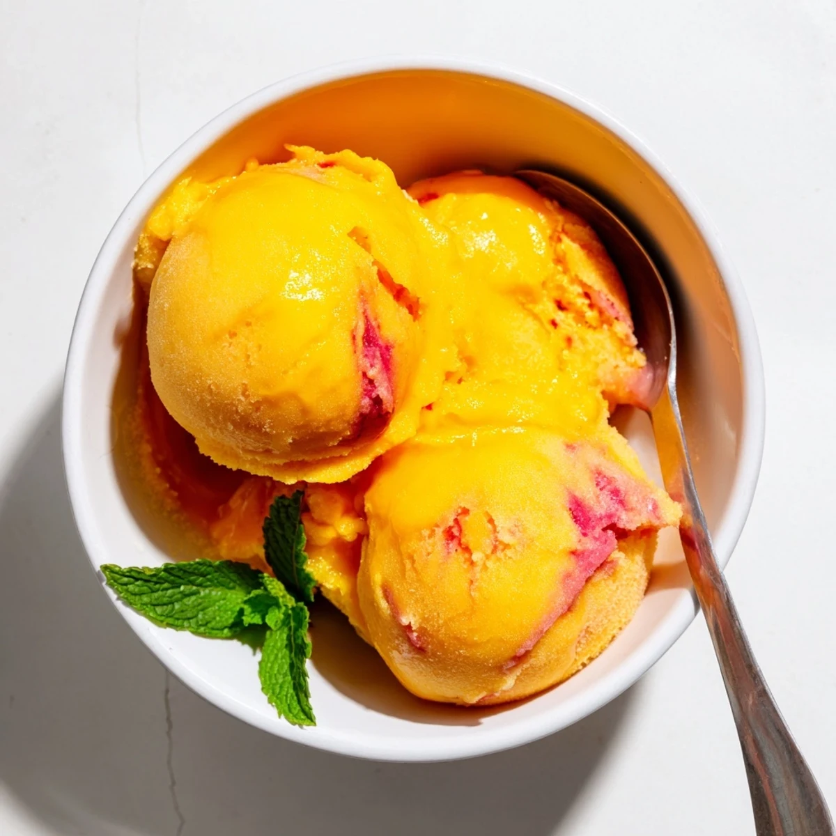 Creamy scoops of Mango Strawberry Sorbet in a glass bowl, garnished with fresh mint and sliced fruit.