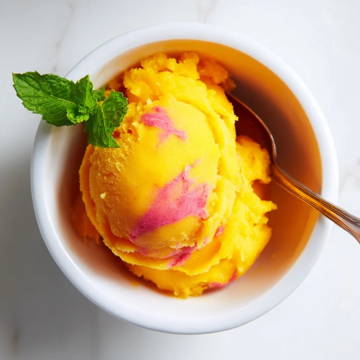Scoop of homemade Mango Strawberry Sorbet melting slightly, served in a waffle cone for summer.