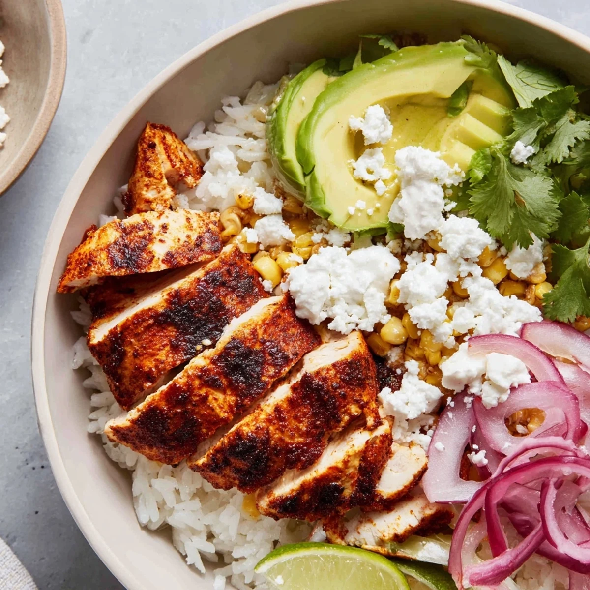 Vibrant Street Corn Chicken Rice Bowl with grilled chicken, charred corn, fluffy rice, and fresh toppings on a plate.