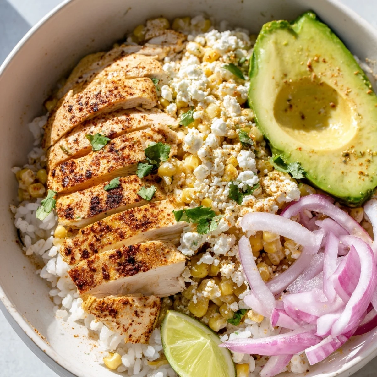 A plated Street Corn Chicken Rice Bowl garnished with cilantro, avocado slices, and lime wedges for a zesty finish.