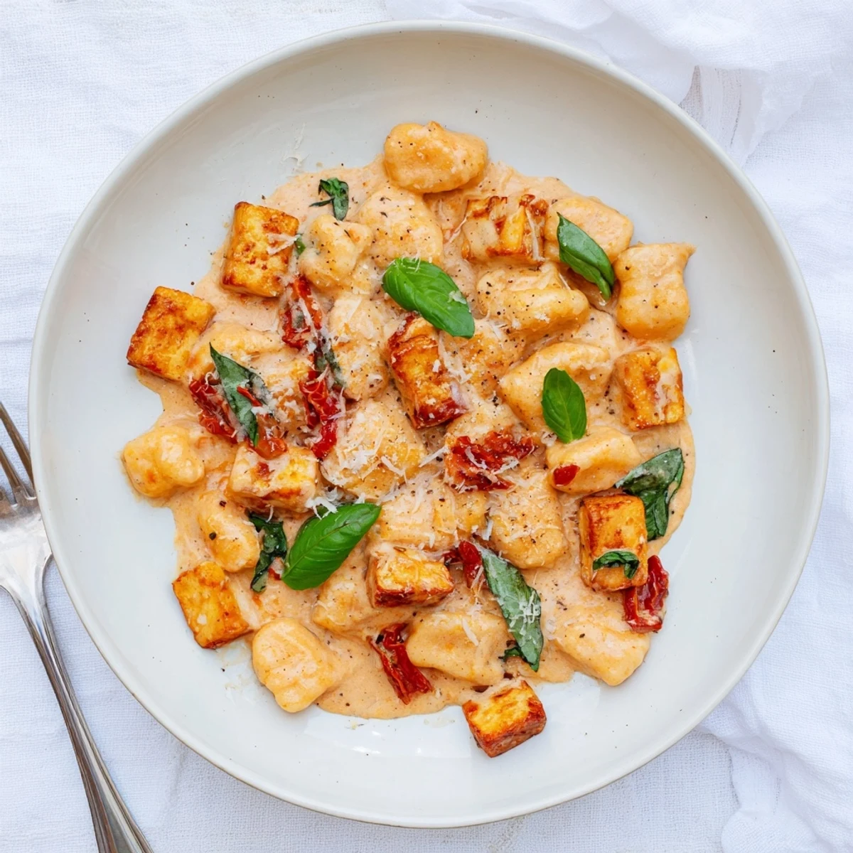 Golden crispy tofu cubes and pillowy gnocchi swimming in rich creamy sun-dried tomato sauce
