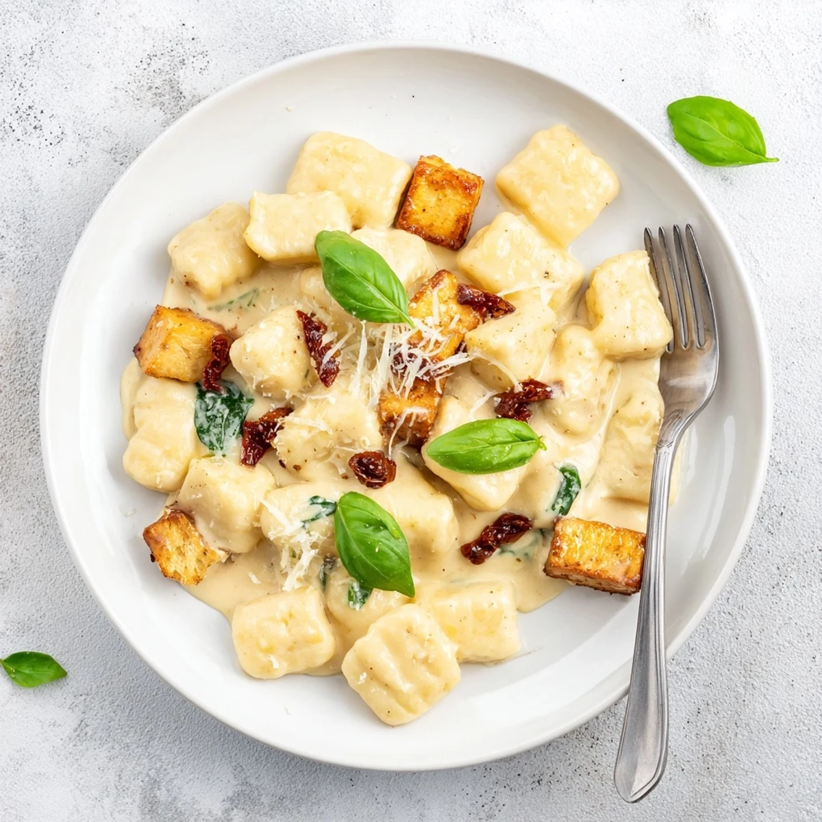 Italian-inspired marry me crispy tofu with gnocchi plated in a white bowl with fresh basil garnish