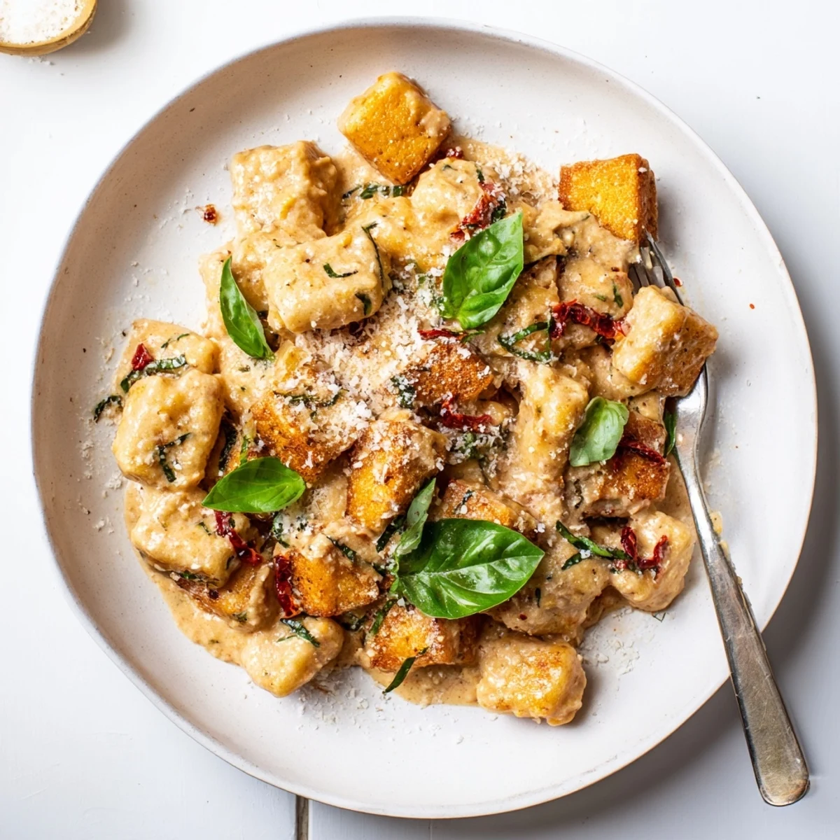 Plant-based skillet dinner featuring crispy browned tofu and soft gnocchi coated in red tomato cream sauce