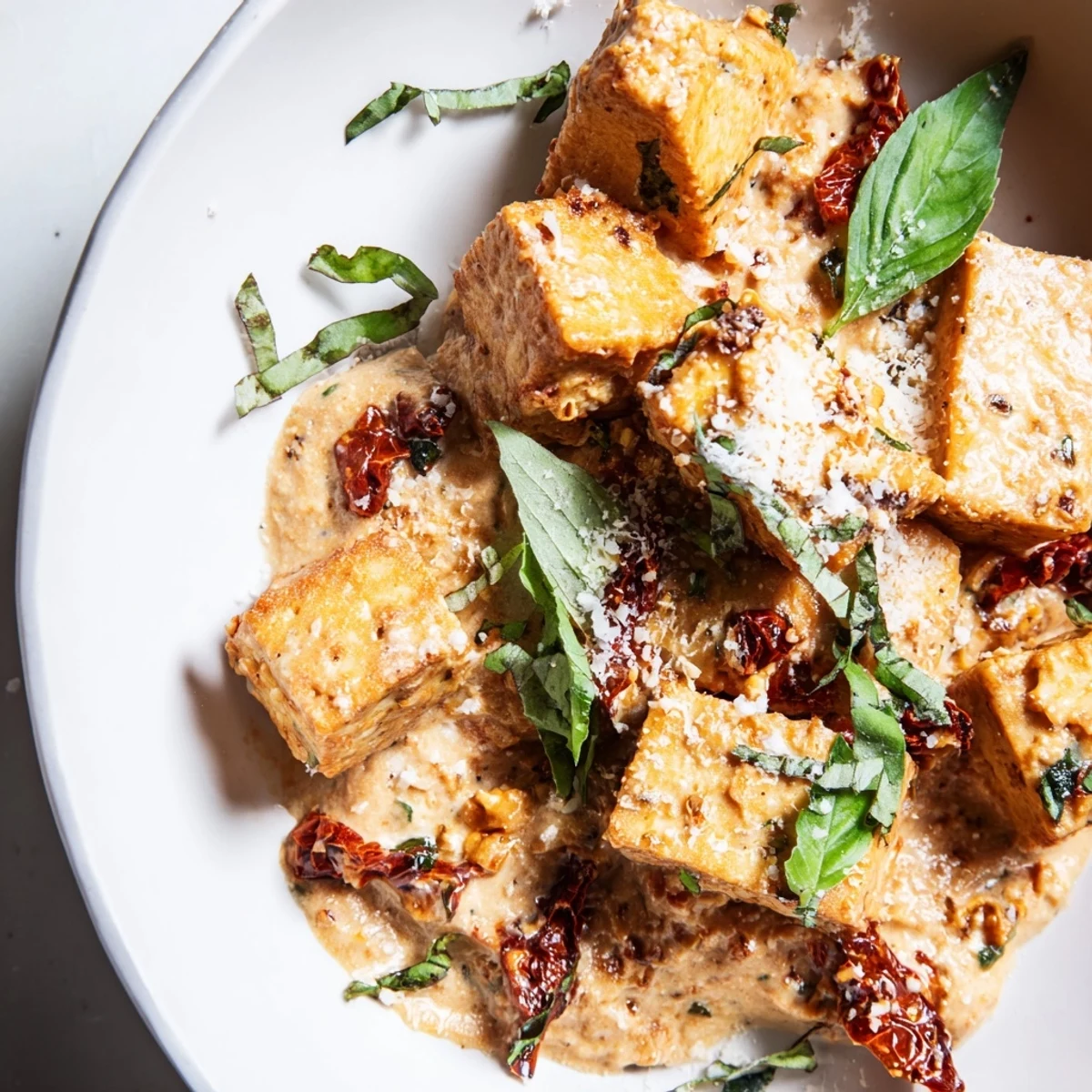 Vegan Marry Me Tofu plated in a luscious white sauce dotted with red sun-dried tomatoes and green basil