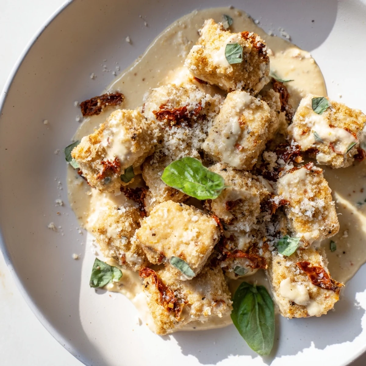 Creamy Marry Me Tofu featuring golden pan-fried tofu coated in savory tomato herb cream sauce