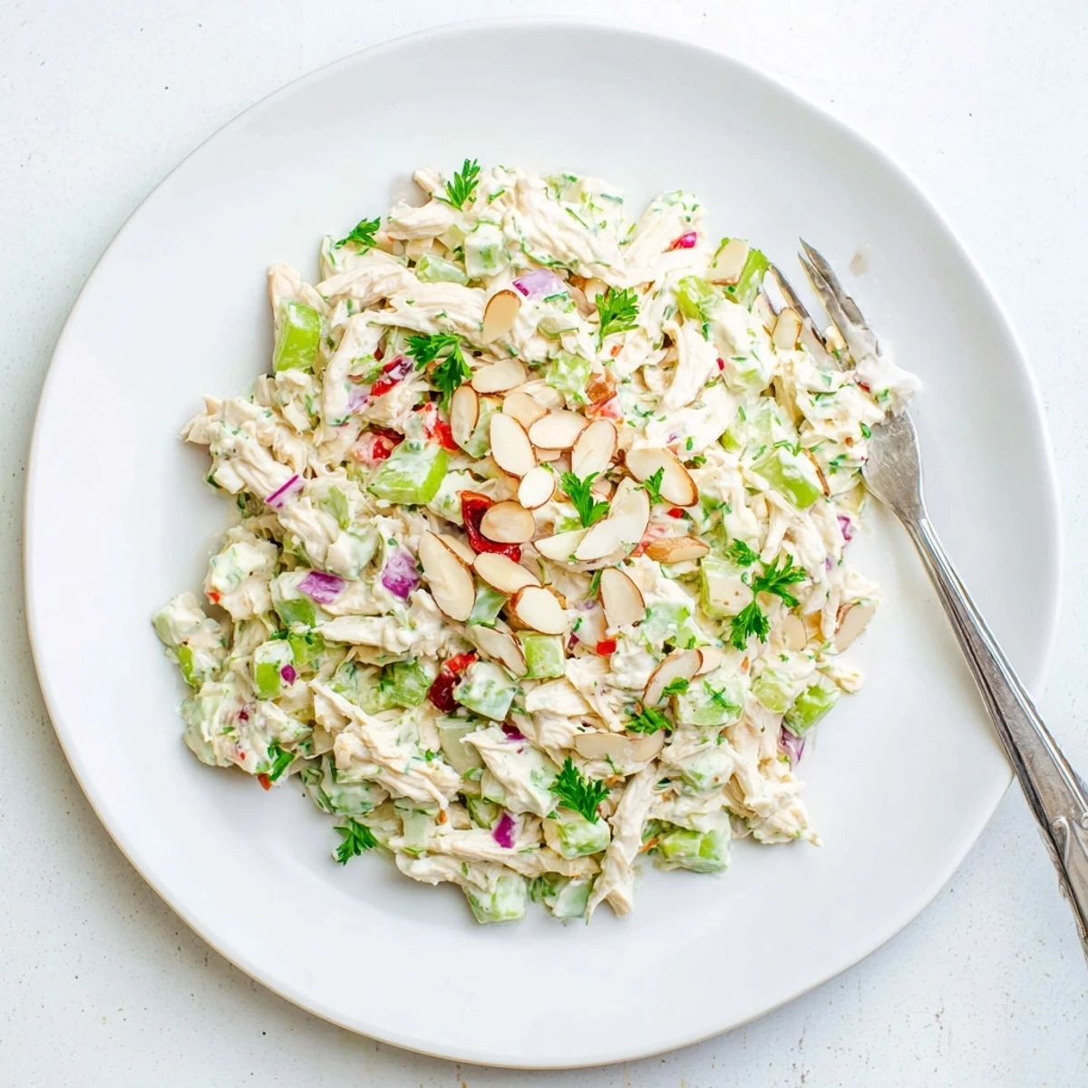 Light and protein-packed Greek yogurt rotisserie chicken salad with red onion and celery