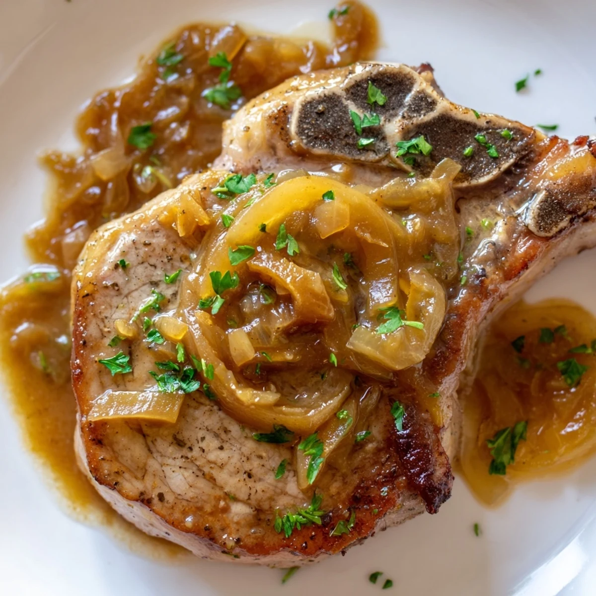 Golden brown tender apple butter pork chops glazed with sweet cinnamon sauce and caramelized apple slices
