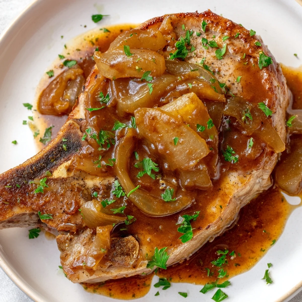 Juicy seared pork chops simmered in rich apple butter sauce with tender onions and spices
