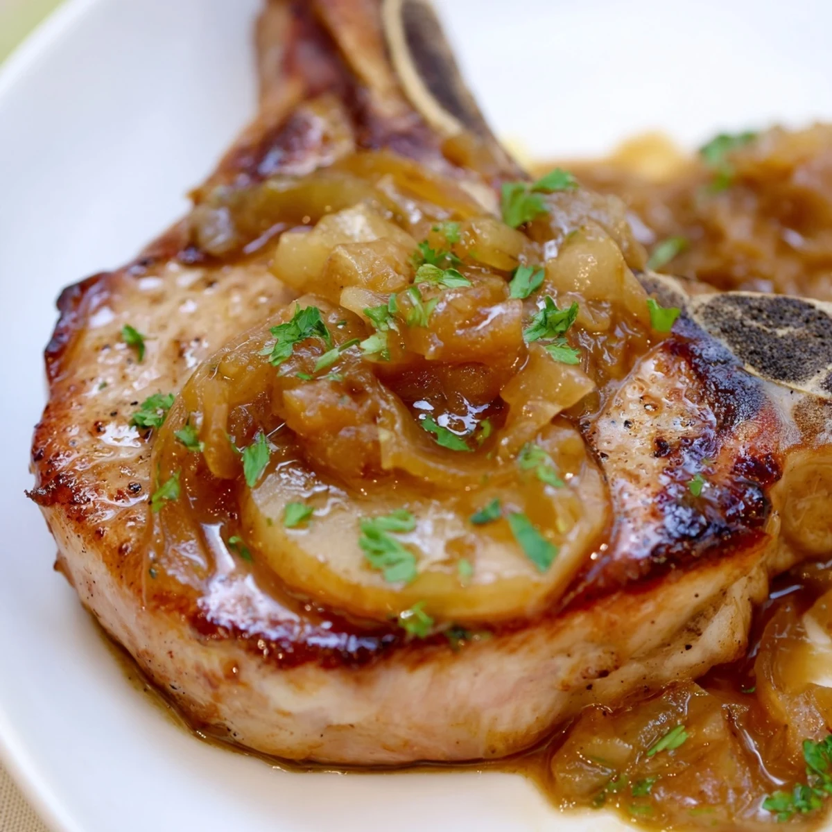 Savory apple butter pork chops served topped with spiced apple slices and glossy pan sauce