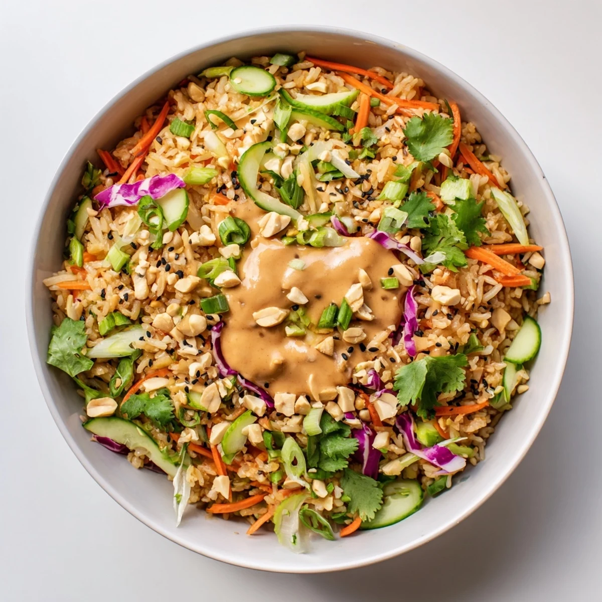 Colorful crispy rice salad with peanut sesame dressing featuring fresh vegetables and crunchy toppings