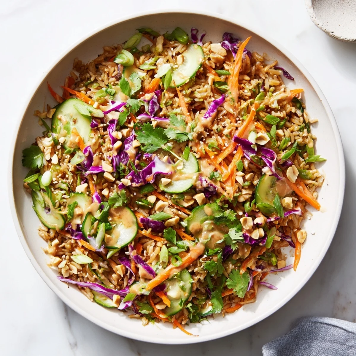 Vegetarian crispy rice salad bowl topped with roasted peanuts, sesame seeds, and zesty peanut dressing
