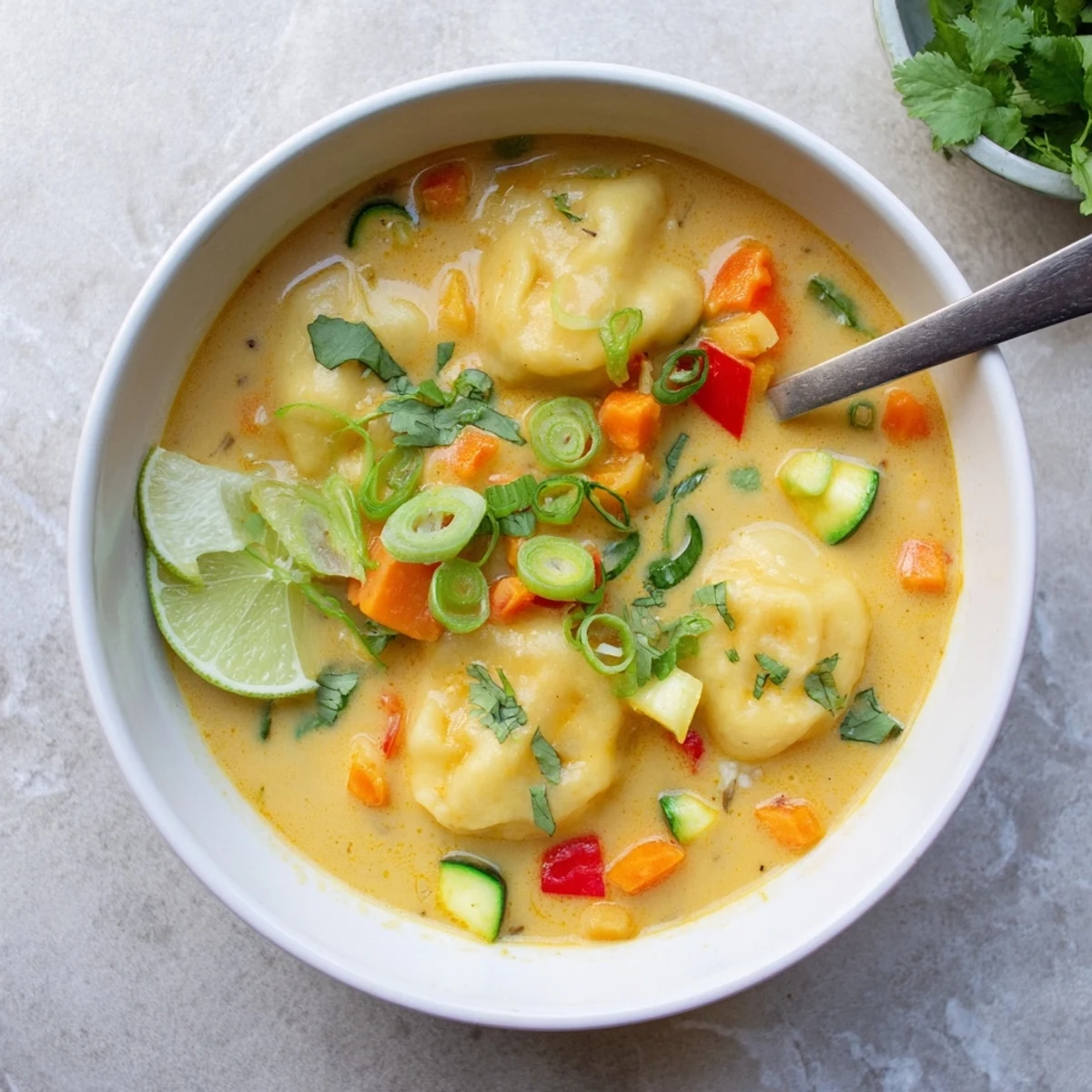 Steaming bowl of simple coconut curry soup with dumplings featuring vibrant vegetables and aromatic yellow curry broth