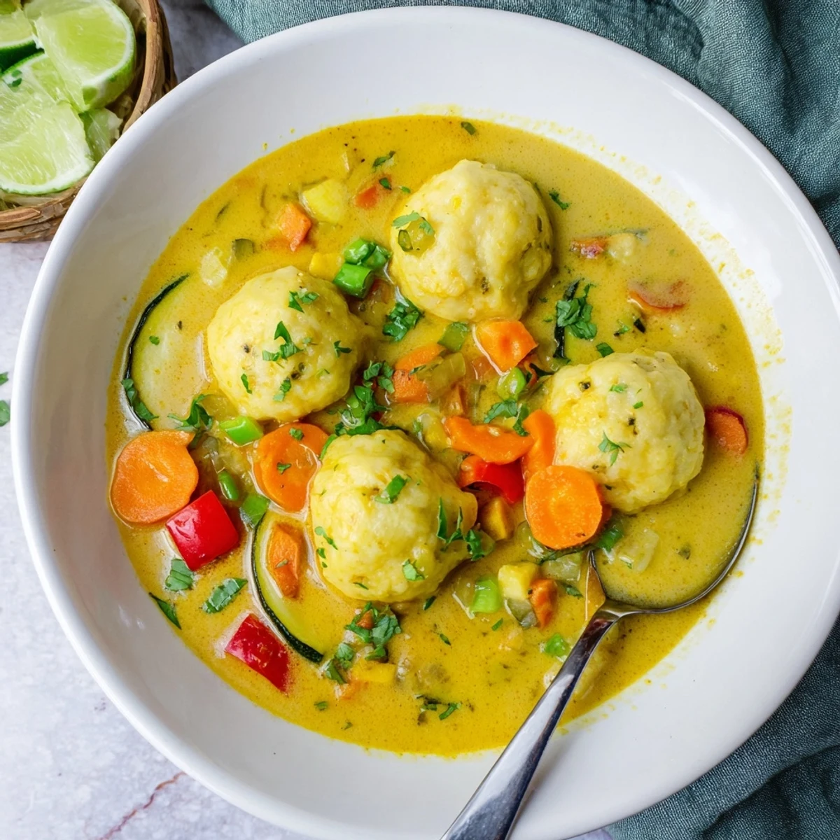 Creamy coconut curry soup topped with fluffy homemade dumplings and fresh cilantro garnish in a white bowl