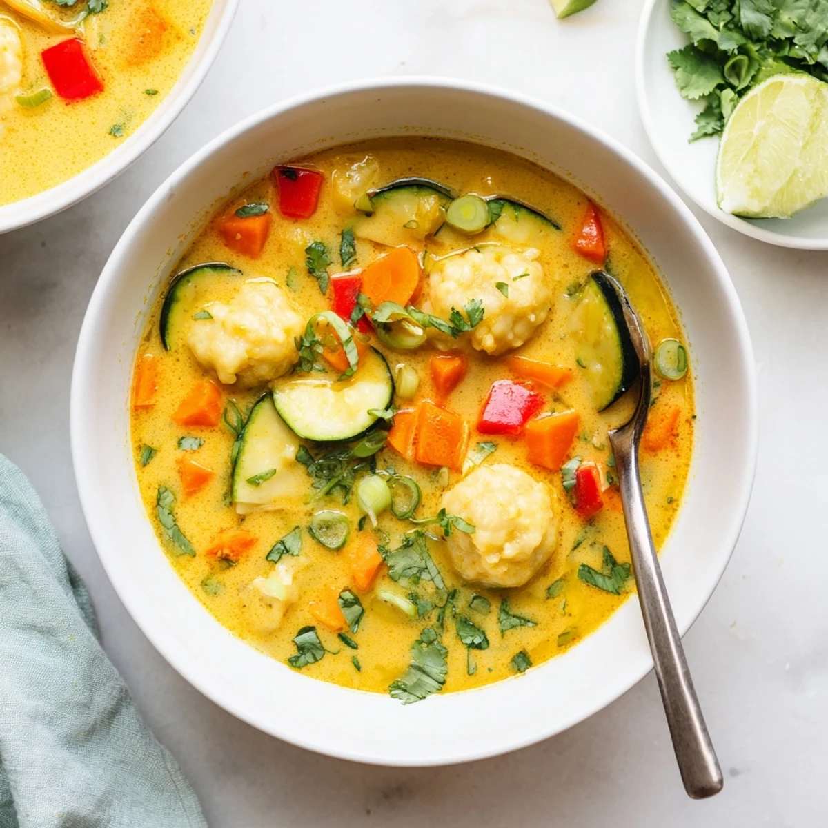 Close-up of tender dumplings floating in rich coconut curry soup with colorful peppers and zucchini slices visible