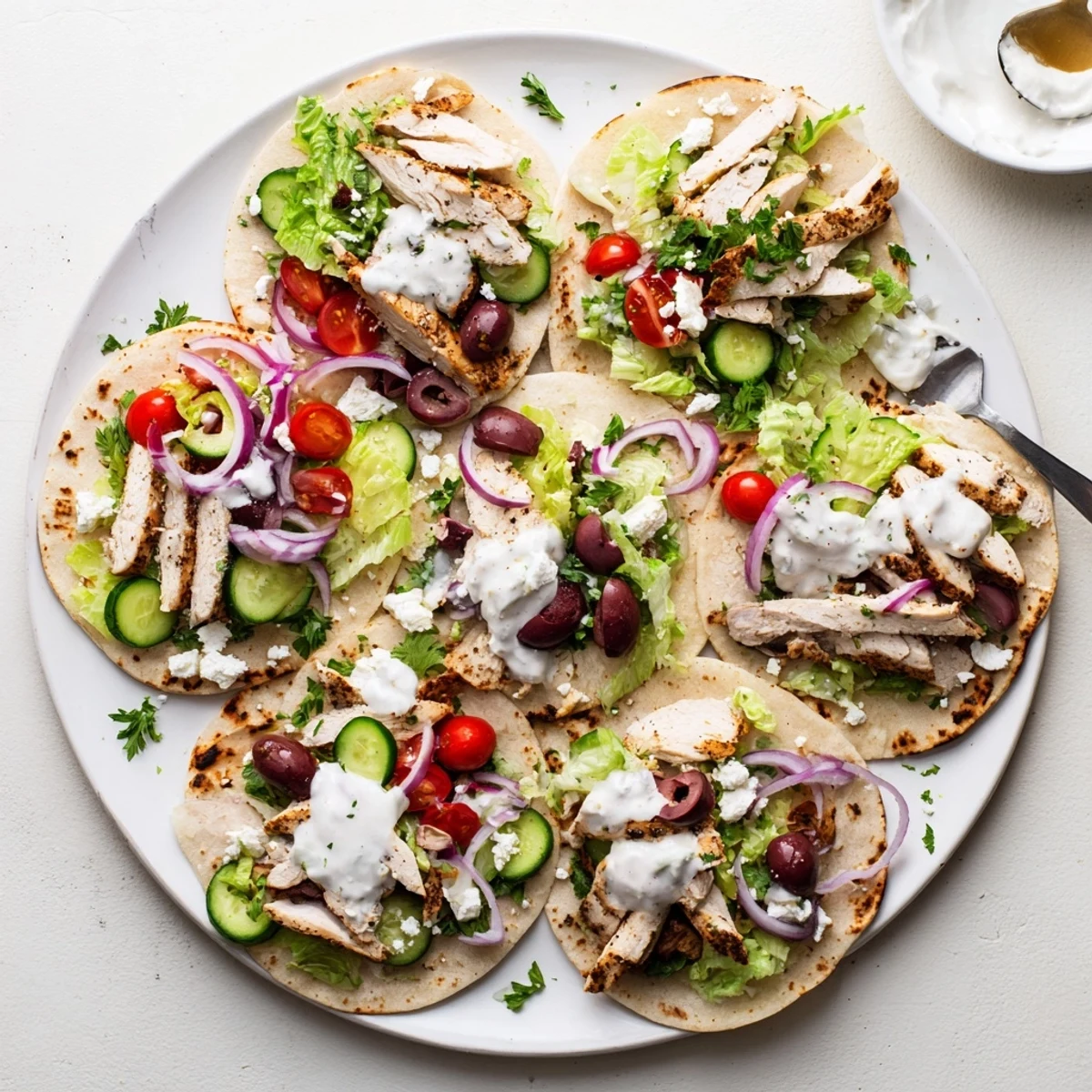Golden grilled Mediterranean chicken tacos piled high with crisp veggies and creamy yogurt sauce