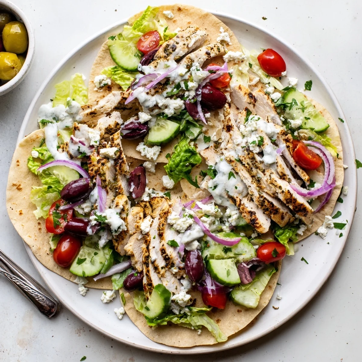 Fresh Mediterranean chicken tacos featuring spiced chicken feta cheese and zesty garlic yogurt topping