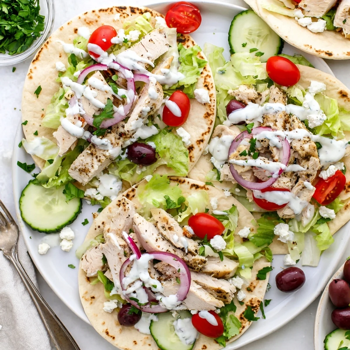 Colorful plate of Mediterranean chicken tacos topped with tomatoes cucumber olives and tangy feta
