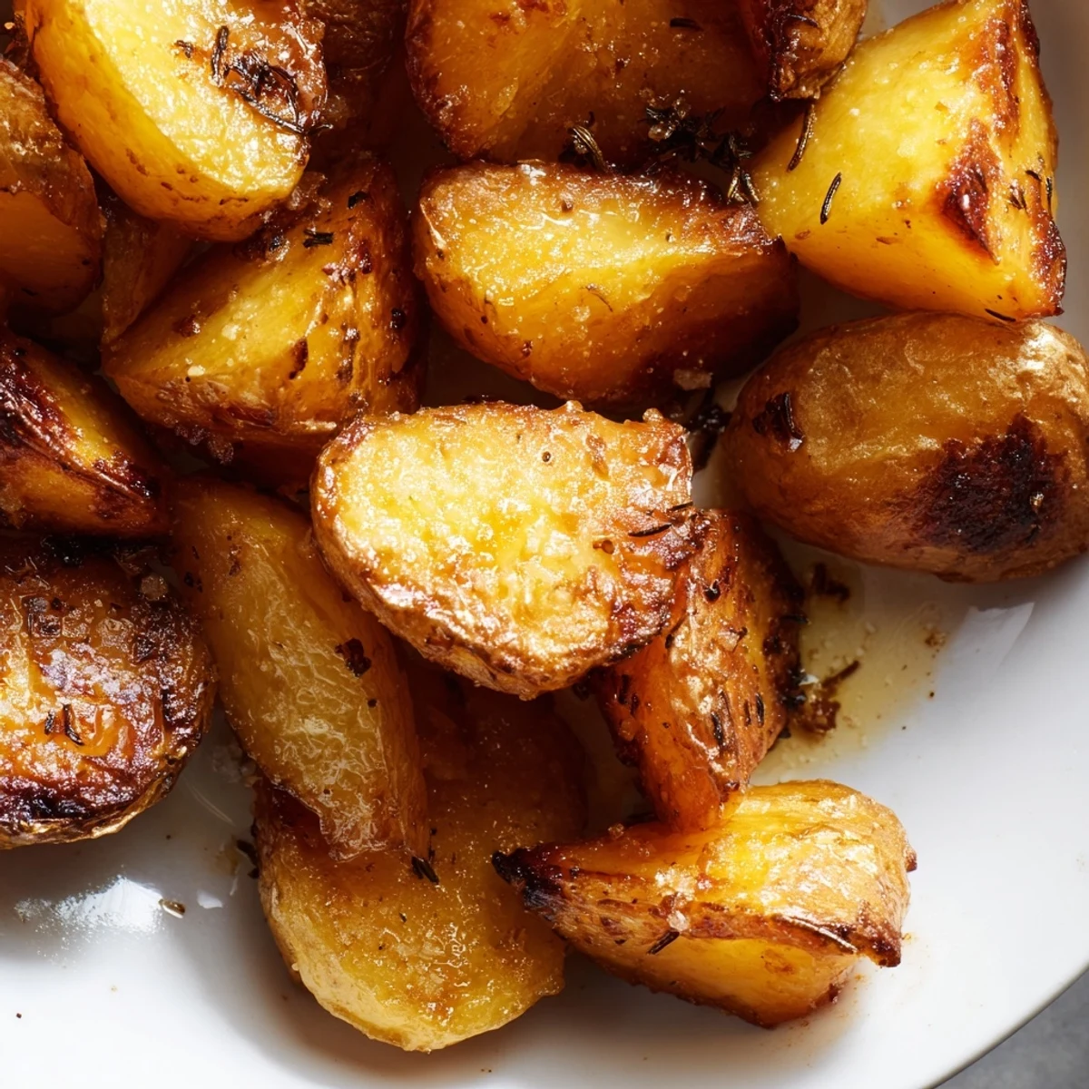 Golden brown homemade roast potatoes with crispy edges and fluffy centers scattered on a white serving platter
