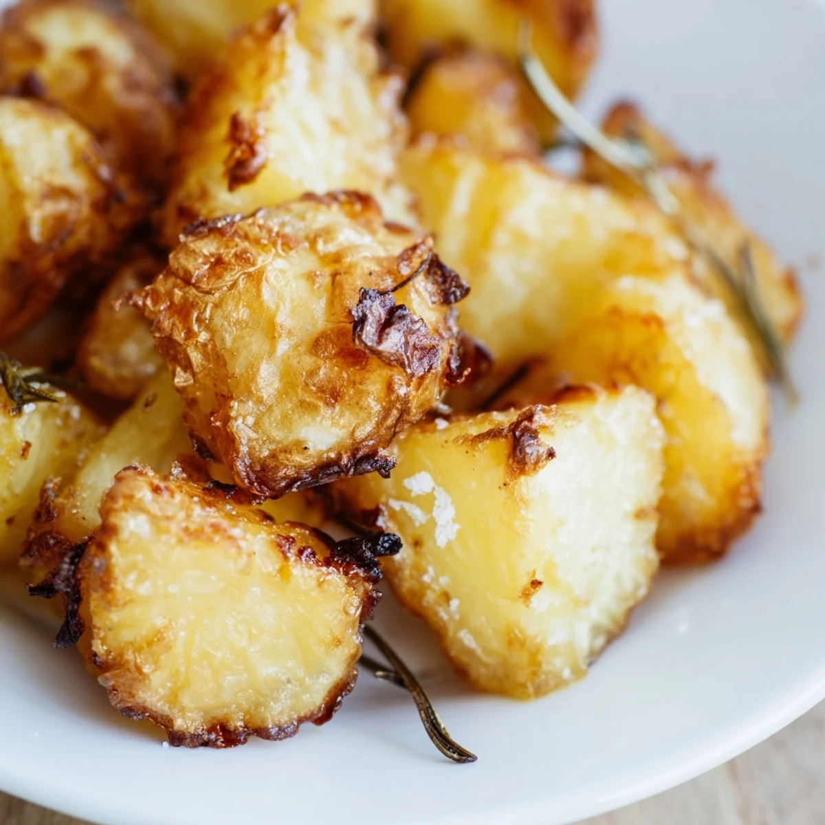 Perfectly crispy homemade roast potatoes glistening with hot oil and sprinkled with sea salt flakes