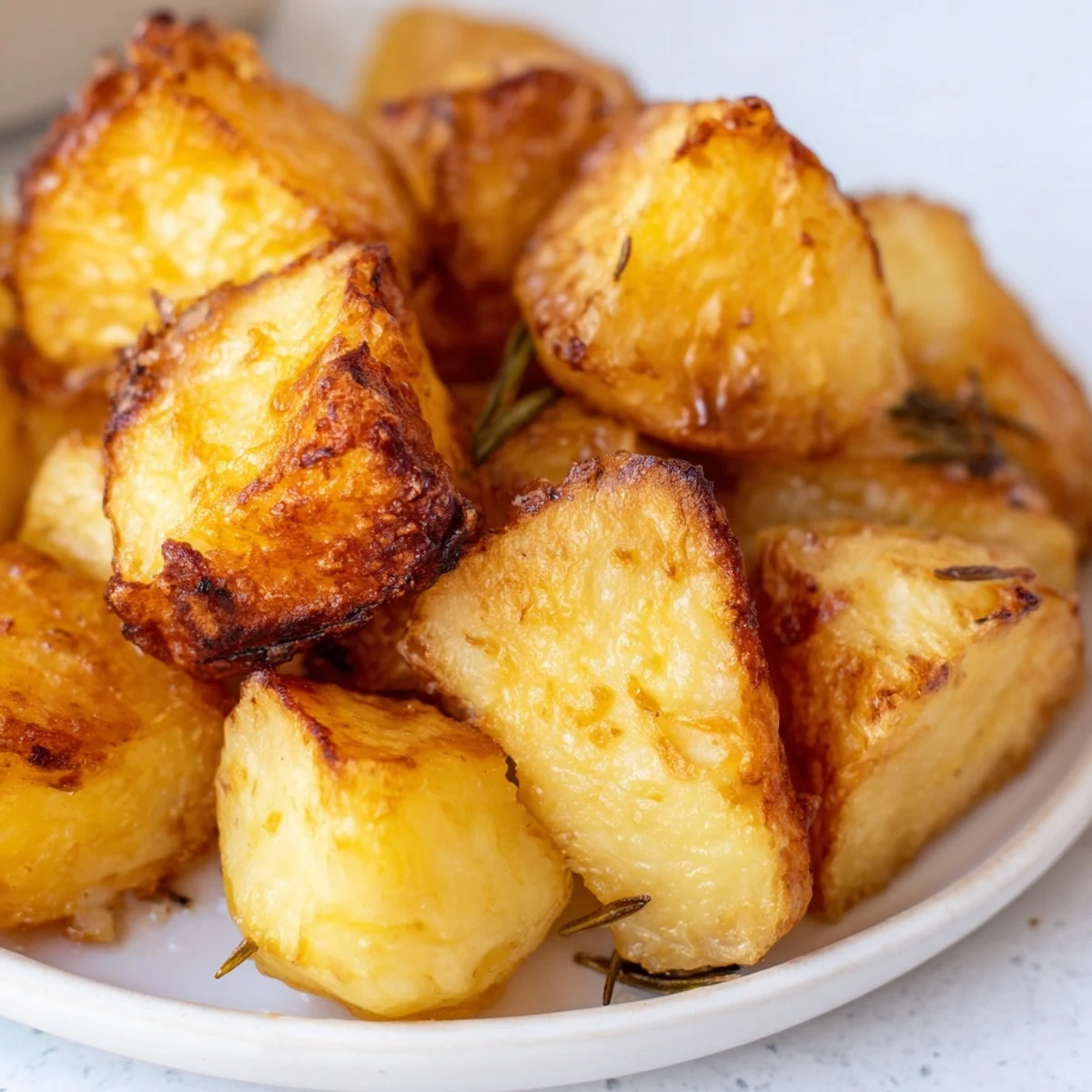Steam rising from a tray of homemade roast potatoes fresh from the oven with rosemary sprigs