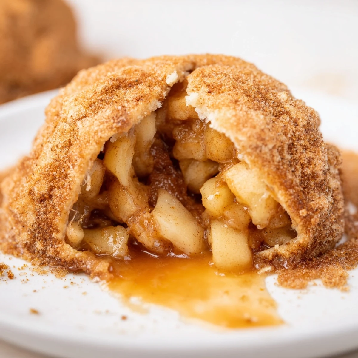 Golden brown caramel apple pie bombs with cinnamon sugar coating on baking sheet