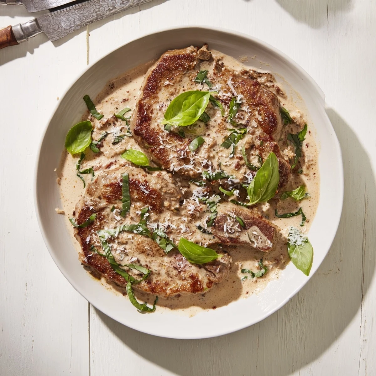 Golden Marry Me Pork Chops served in a rich creamy sun-dried tomato parmesan sauce with fresh basil garnish