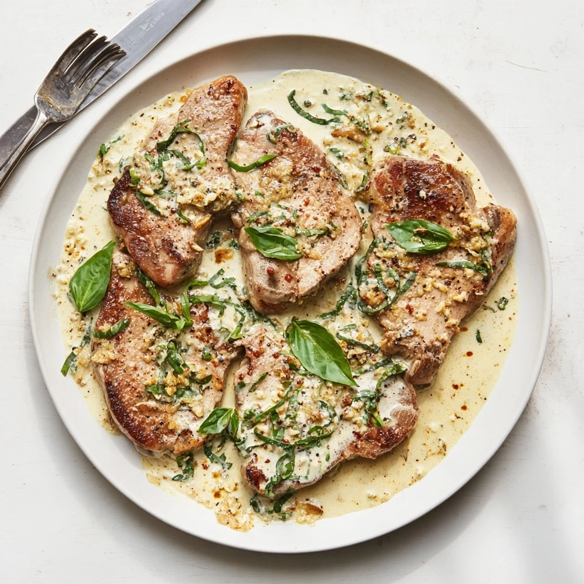 Succulent seared pork chops smothered in a velvety garlic parmesan sauce topped with red pepper flakes and basil
