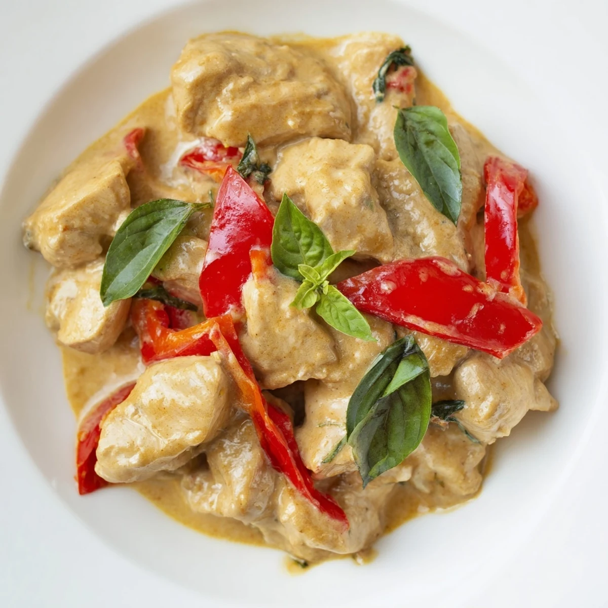 Golden basil chicken pieces swimming in creamy coconut curry sauce with vibrant red pepper strips
