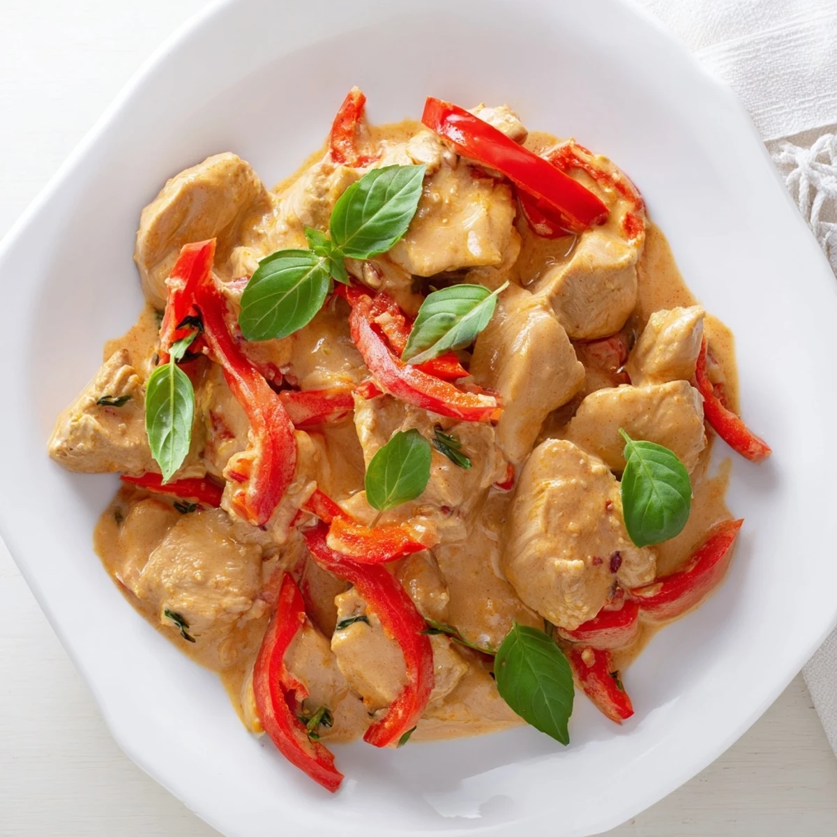 Creamy Thai-style basil chicken in coconut curry sauce served over fluffy white jasmine rice