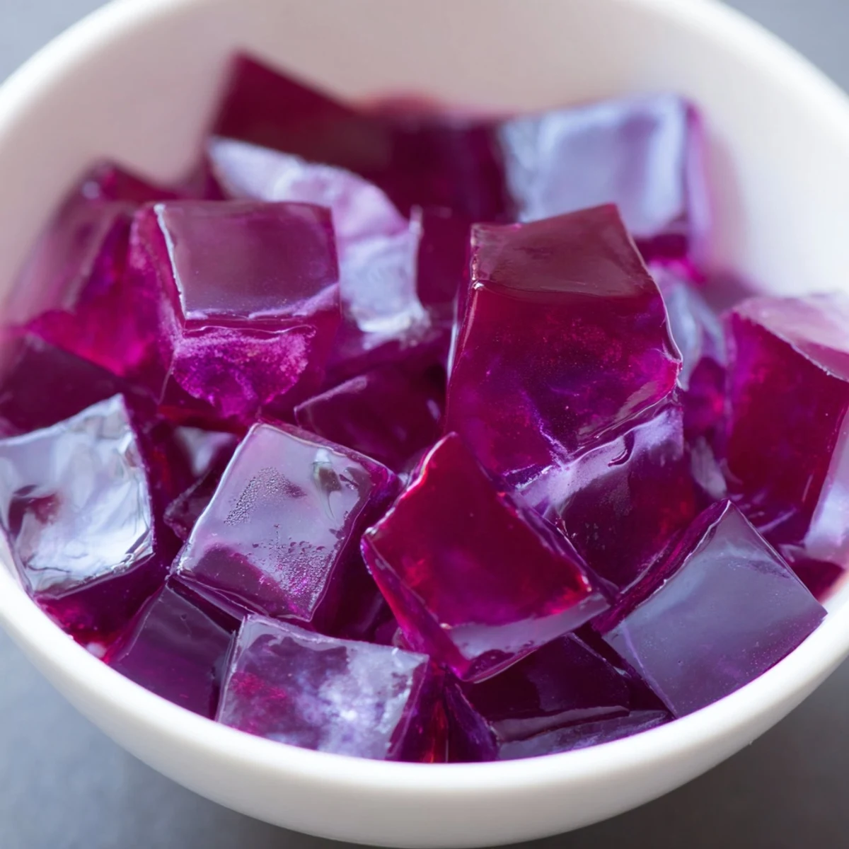 Spoon lifting a bright red probiotic jello snack from a clear glass dish showing smooth texture
