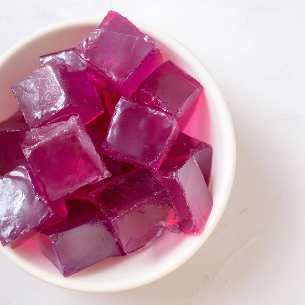 Wobbly gut-friendly probiotic jello cubes glistening on a white plate ready for healthy snacking