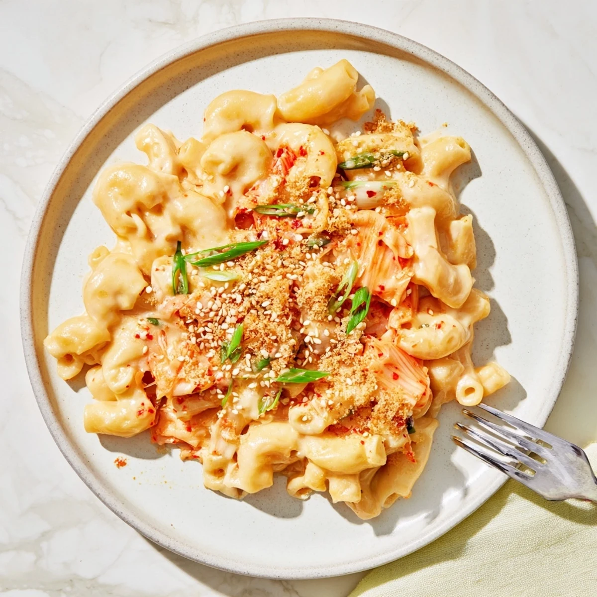 Creamy kimchi mac and cheese with golden crispy panko topping and sesame seeds bubbling hot