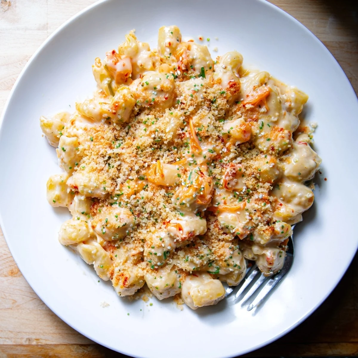 Baked kimchi mac and cheese showing spicy fermented cabbage folded into rich melted cheese sauce