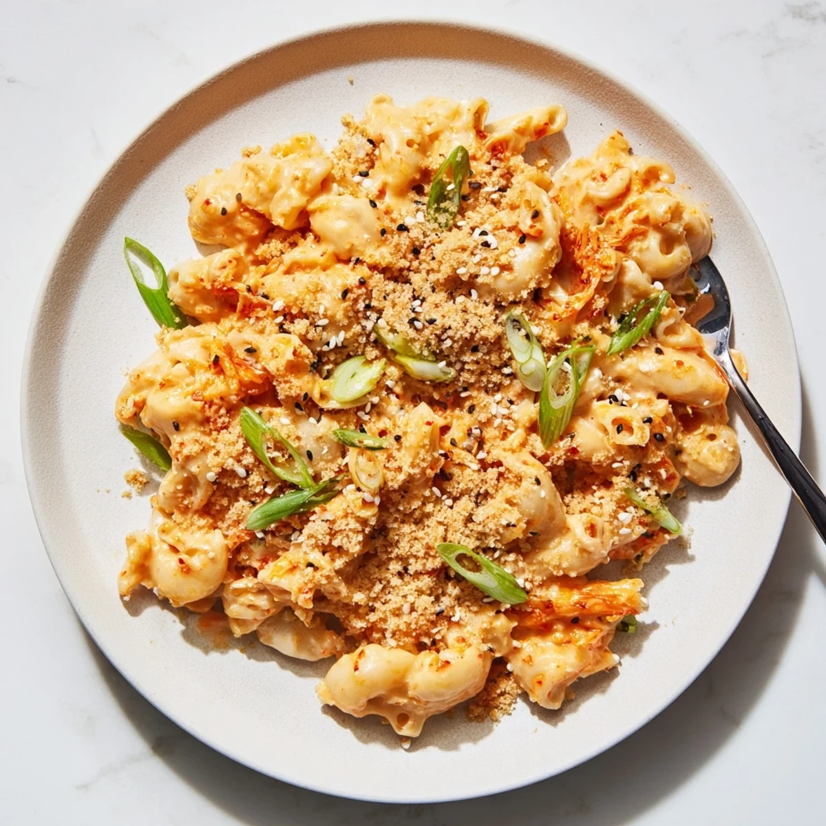 Steaming bowl of kimchi mac and cheese topped with buttery breadcrumbs and sliced spring onions