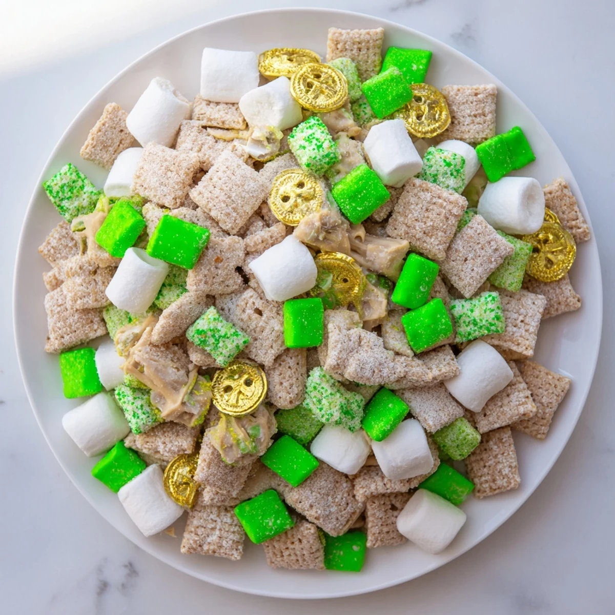 Festive white chocolate coated St. Patricks Day Lucky Chow sprinkled with green candies and gold coins