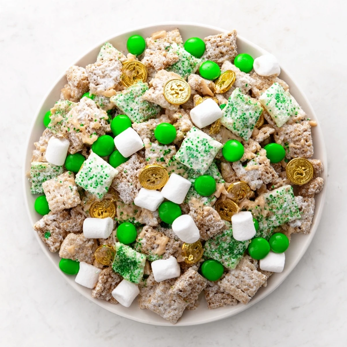 Colorful St. Patricks Day Lucky Chow snack mix with marshmallows in a green serving bowl