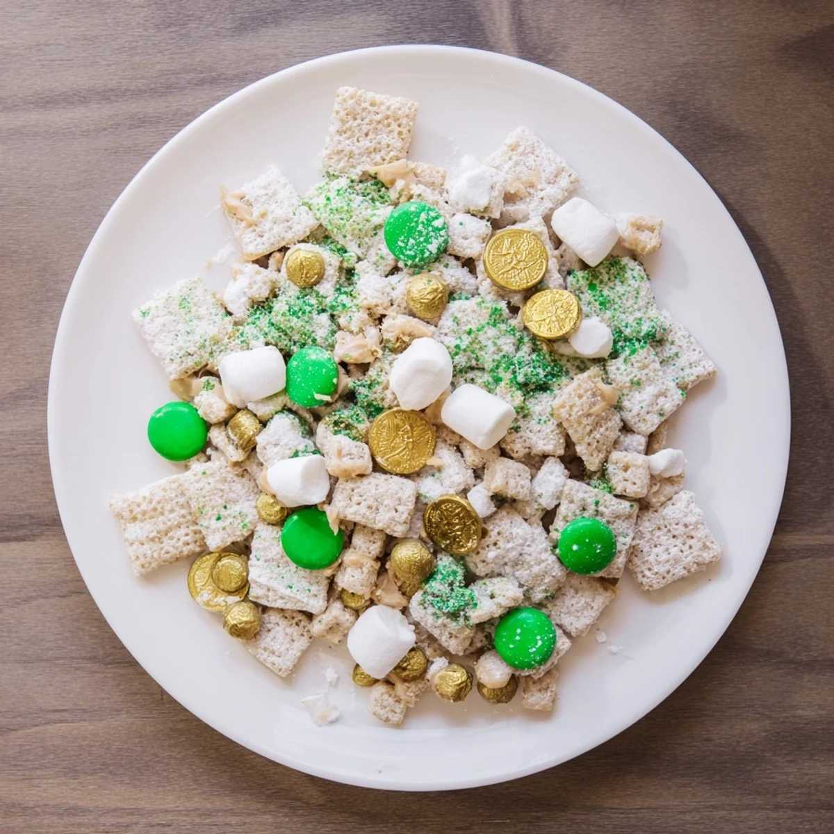 Sweet and crunchy St. Patricks Day Lucky Chow piled high with green chocolate coins