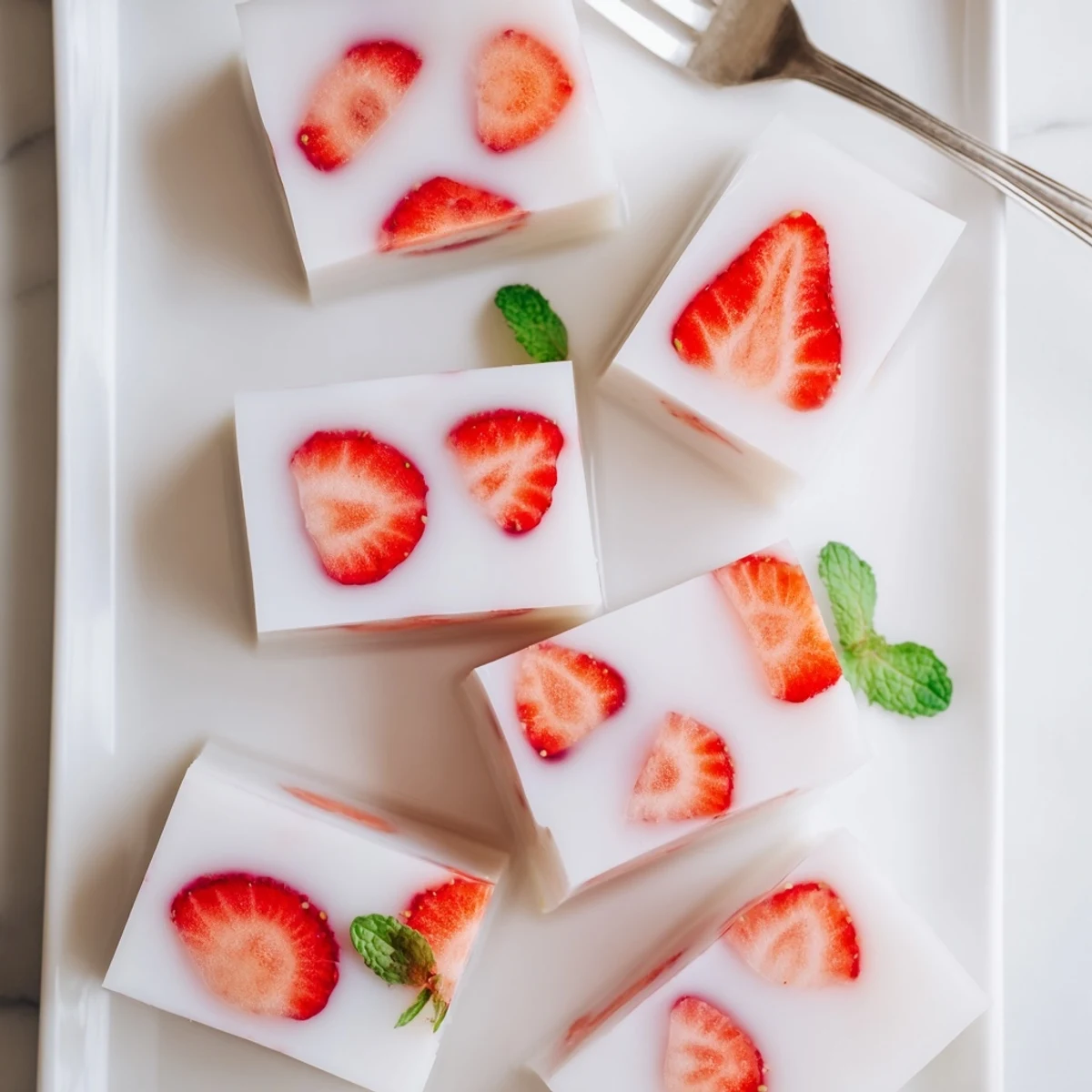 Japanese strawberries and milk yokan featuring halved berries suspended in smooth white gelatin and garnished with mint