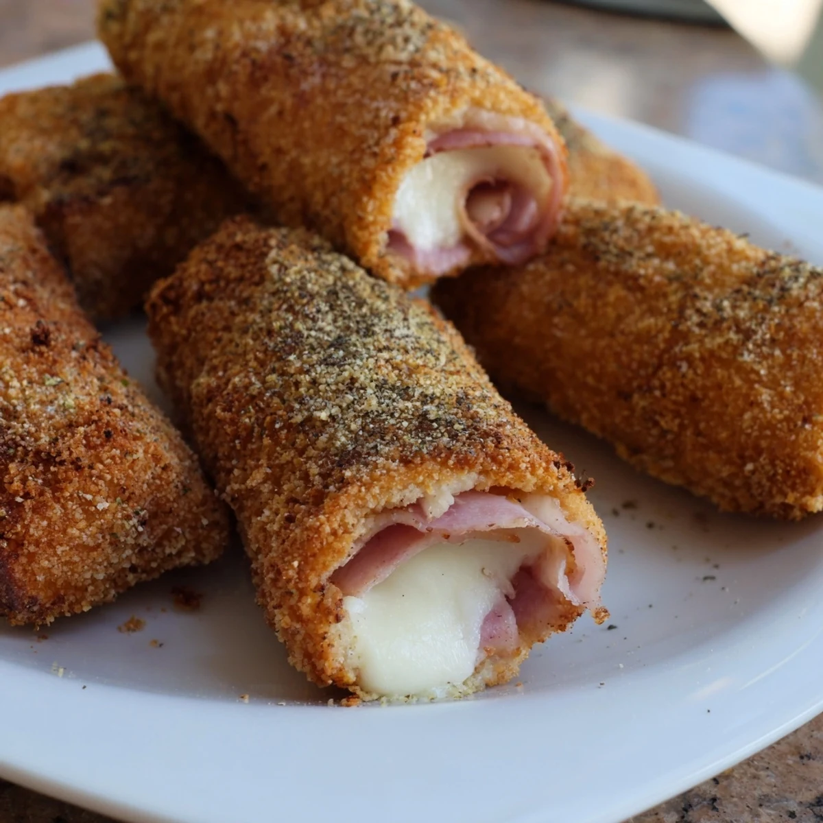 Golden brown ham and cheese sticks arranged on a serving plate with marinara dipping sauce