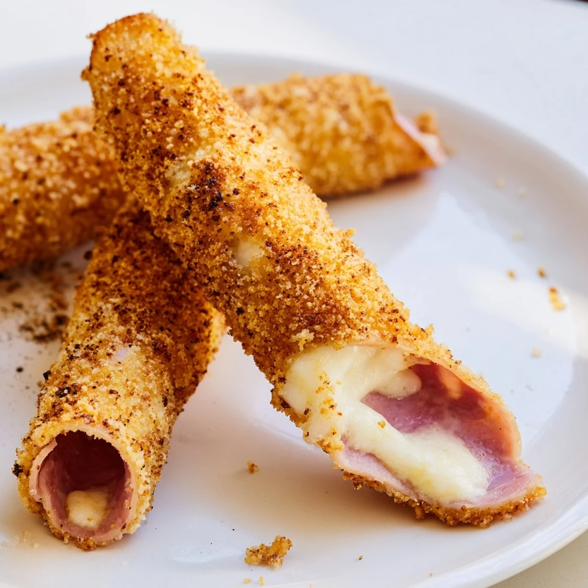 Crispy fried bread rolls stuffed with savory ham and melted mozzarella cheese, freshly cooked