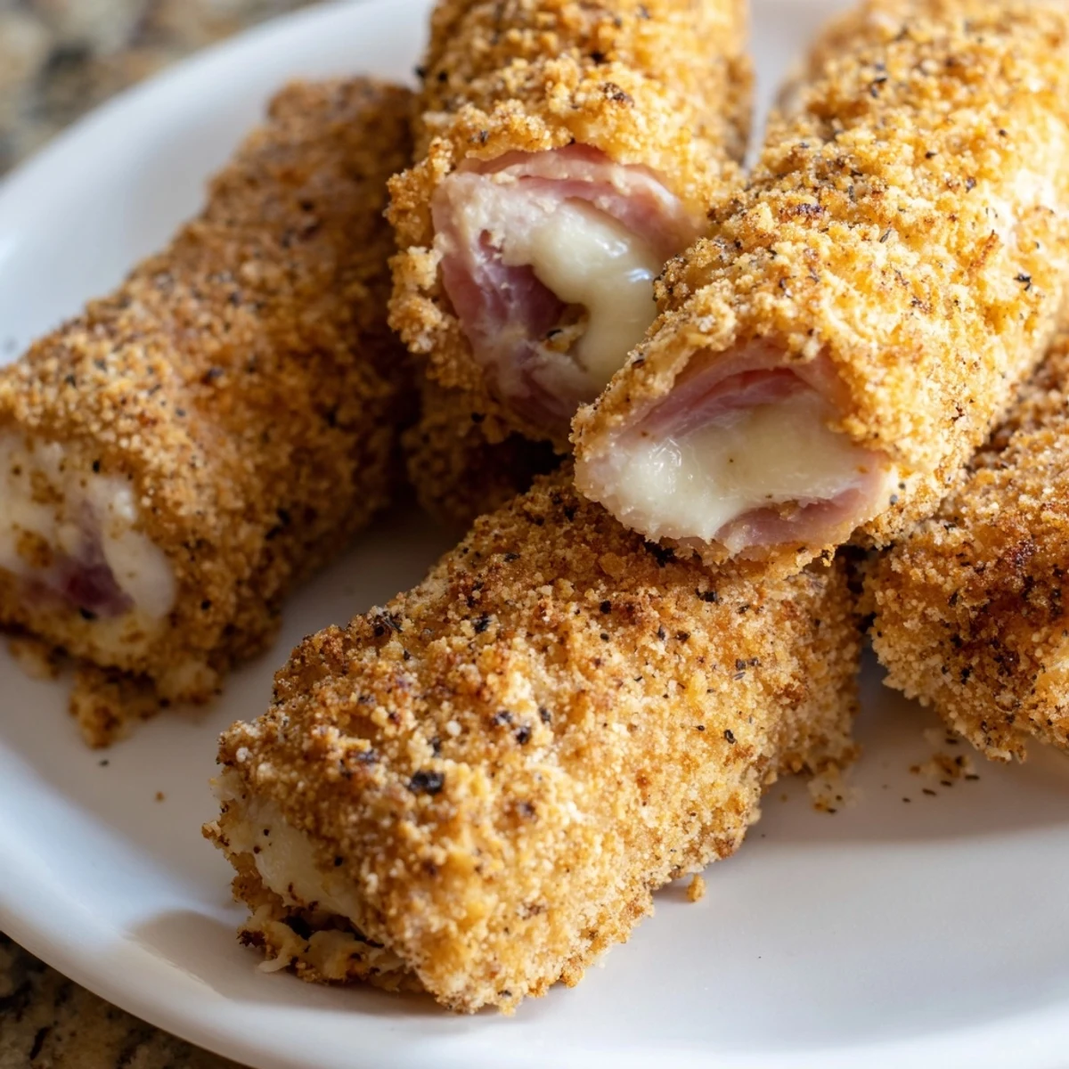 Deep fried appetizer sticks featuring ham and gooey cheese on a white platter with garnish