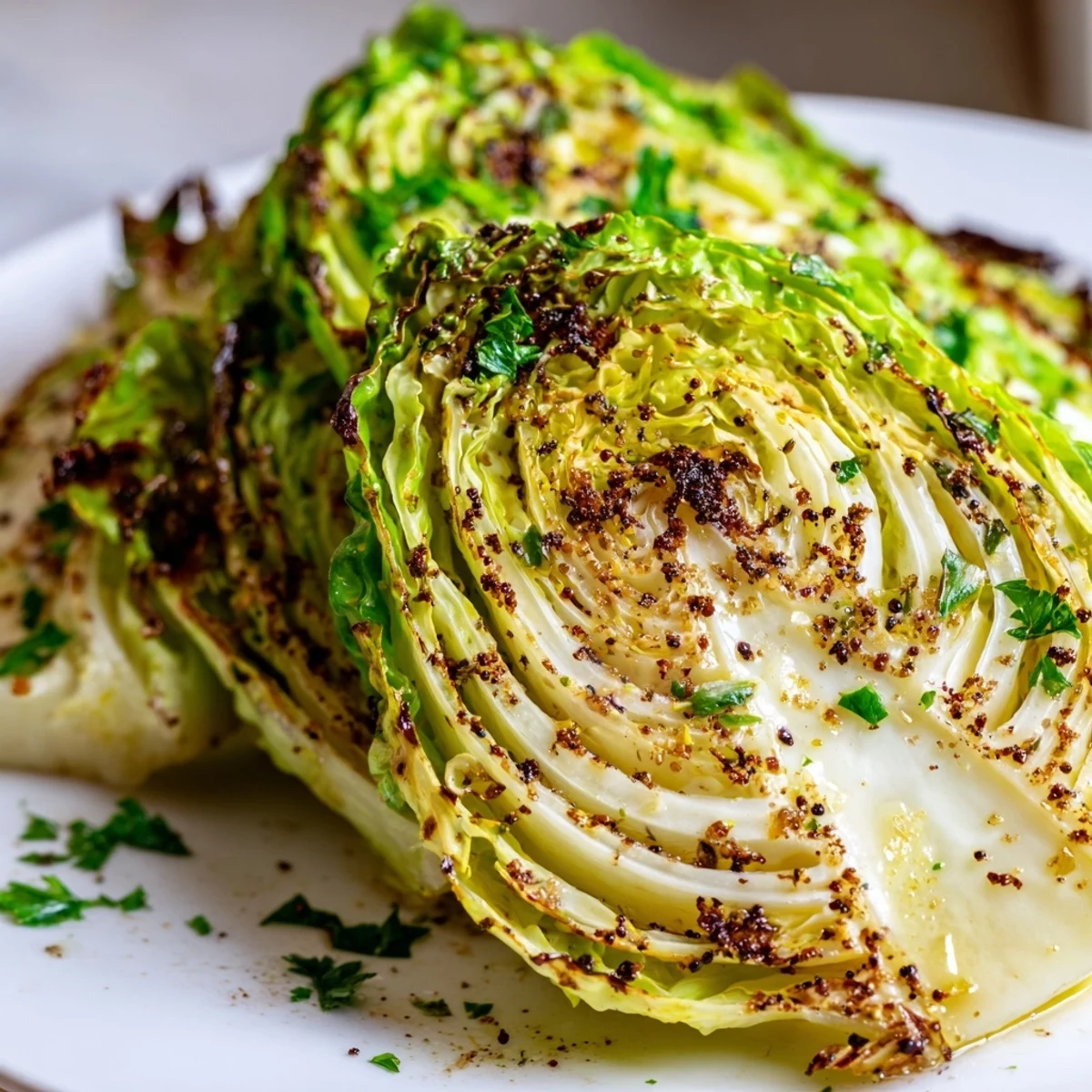 Oven-roasted cabbage wedges displaying beautiful charred edges and soft interiors on a white serving plate