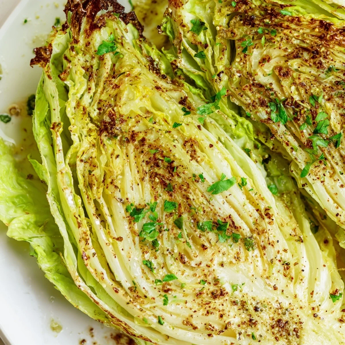 Seasoned roasted cabbage wedges sprinkled with fresh parsley and spices after oven roasting to perfection