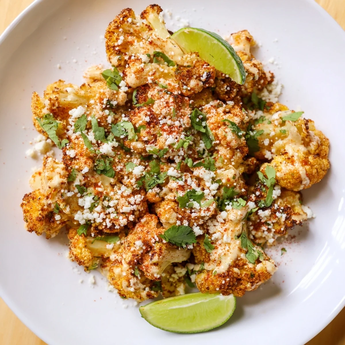 Golden roasted cauliflower florets coated in creamy elote sauce topped with crumbled cotija cheese and fresh cilantro