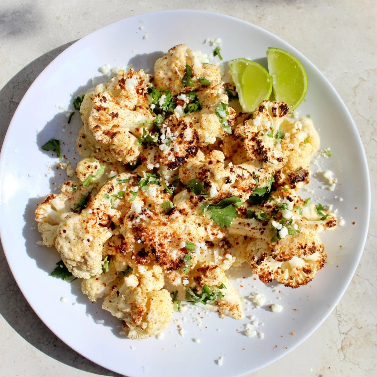 Creamy cauliflower elote served on a white platter with zesty lime wedges and sprinkled chili powder garnish