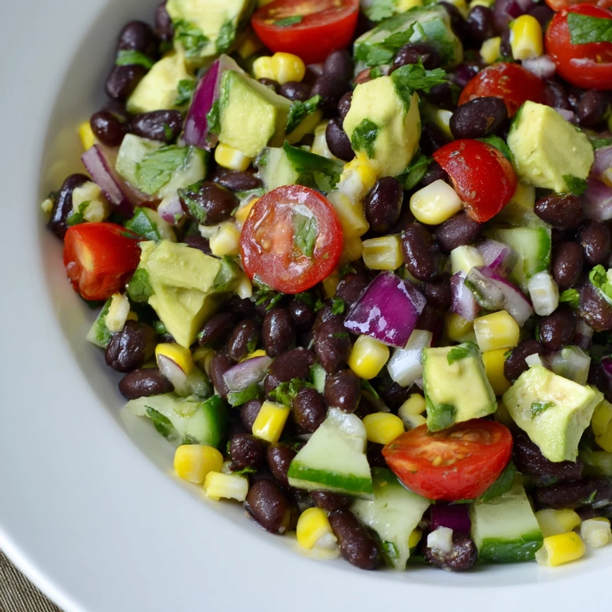 Fresh chopped black bean salad featuring corn avocado tomatoes and cilantro in white bowl