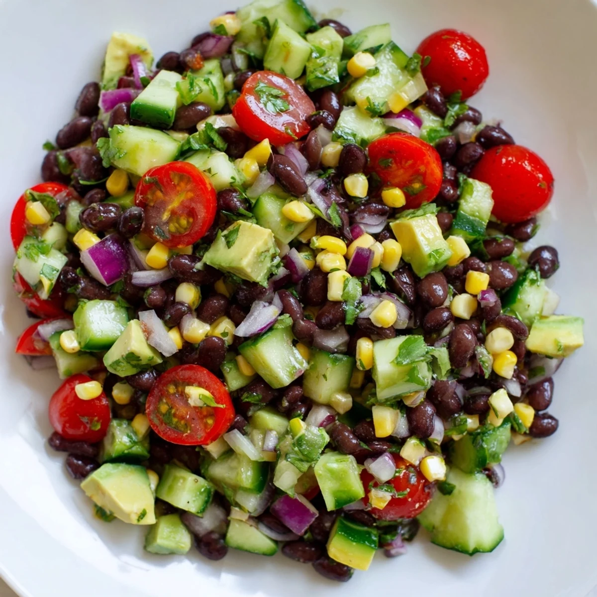 Protein-rich chopped black bean salad with crisp red pepper cucumber and tangy dressing