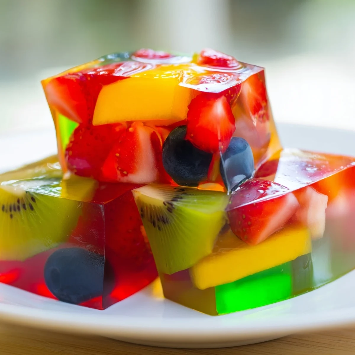 Colorful agar agar fruit jelly set in a glass dish with fresh strawberries, kiwi, and mango cubes suspended in translucent gelatin