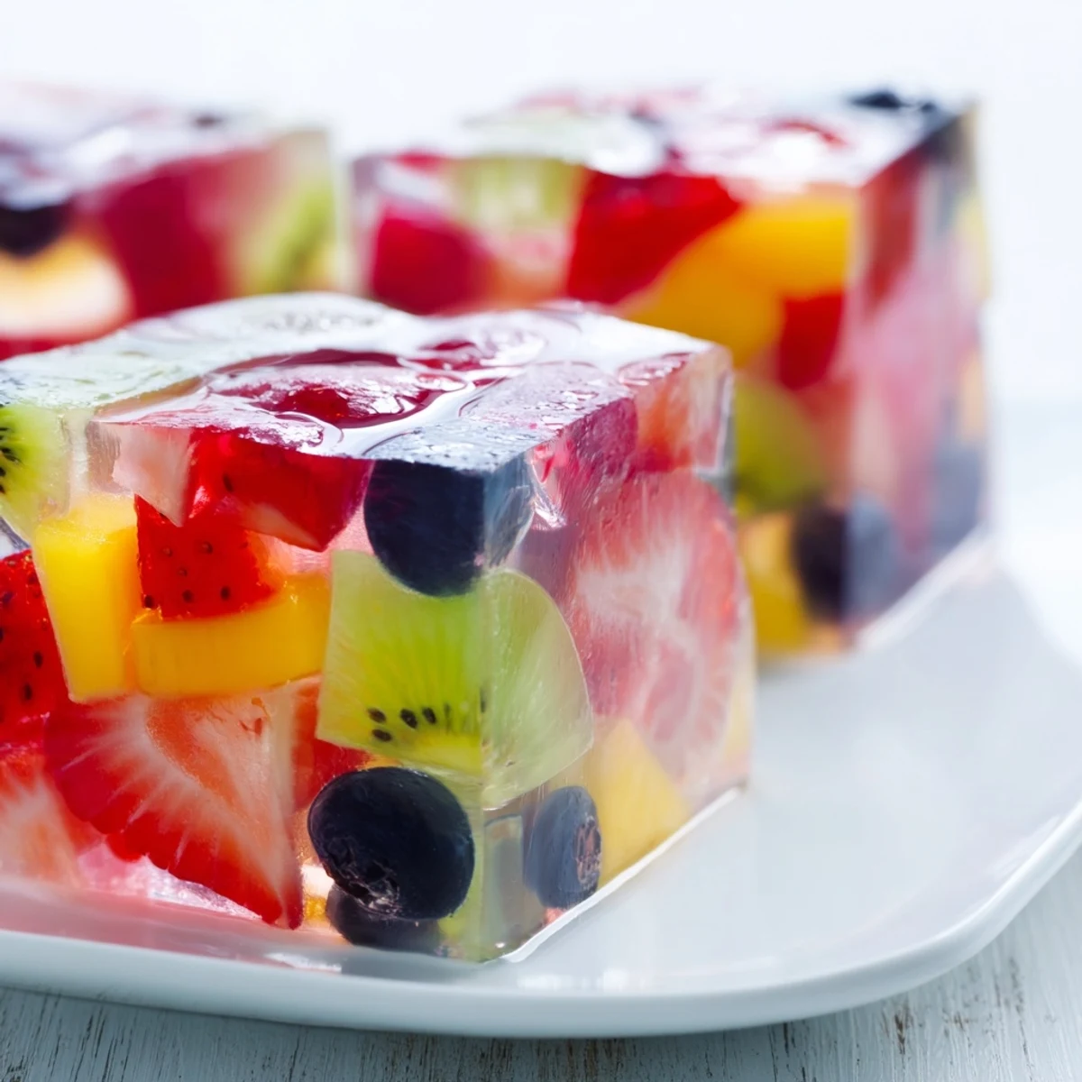 Vegan agar agar fruit jelly chilled and ready to serve, featuring vibrant diced pineapple and blueberries in clear, wobbly dessert squares