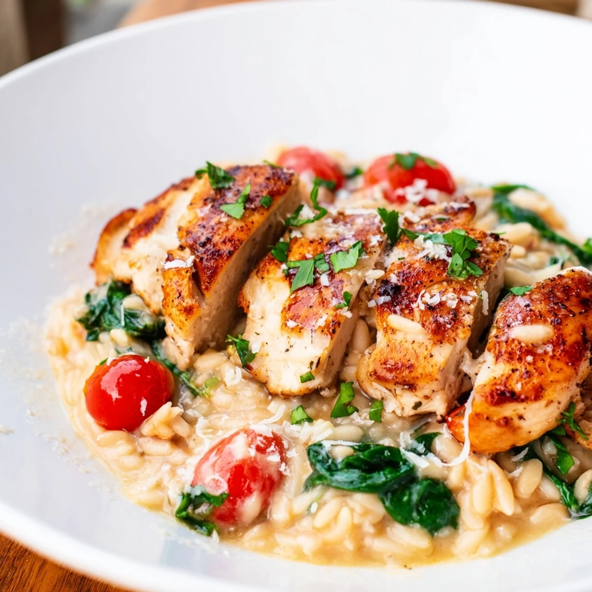 Golden chicken breast resting over creamy lemon herb orzo with fresh parsley garnish